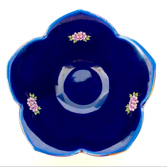 Antique Japanese Porcelain Fan Plate & Flowers Bowl Cobalt Blue. Collectible - Picture 3 of 8